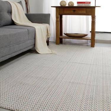 Imagem de Tapete Artesanal para Sala Quarto 2,00m x 1,40m Cru Colorido 100% Algodão Antiderrapante Emborrachado Decoração Natural Geométrico Zig Zag Textura Macia