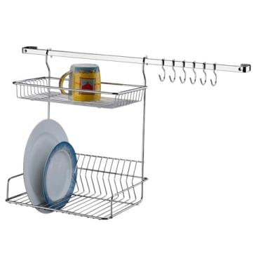 Imagem de Kit Escorredor De Louças Duplo Com Barra Ganchos De Parede Para Cozinha Cromado - Future