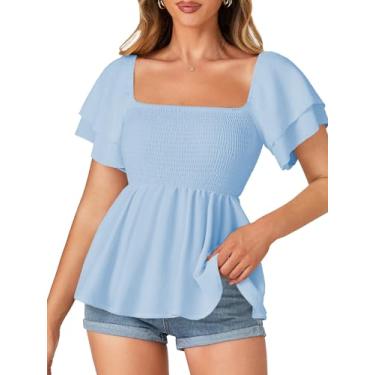 Imagem de LYANER Blusa feminina com gola quadrada franzida com babados e manga curta, Azul bebê, P