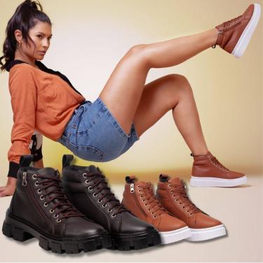 Imagem de Kit Coturno Feminino Caramelo + Bota Tratorada Marrom: Uma Combinação Rústica E Elegante.