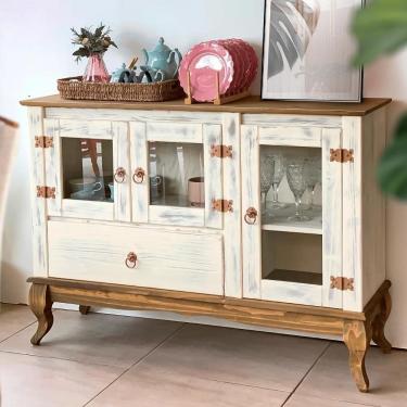 Imagem de Aparador Rústico Madeira Maciça 3 Portas Vidro Branco Garapa D125 Shop JM