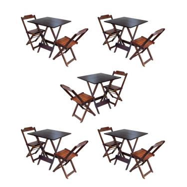 Imagem de Kit 5 Jogos de Mesa Dobravel com 2 Cadeiras de Madeira 70x70 para Restaurante e Bar - Imbuia