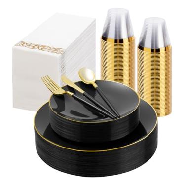 Imagem de Conjunto de louça de plástico ouro preto com 175 peças, pratos descartáveis dourados para festa, inclui 50 pratos pretos com 75 talheres de plástico, 25 guardanapos e 25 xícaras