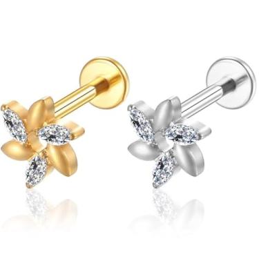 Imagem de LOMISS Brinco Piercing Titanio Piercing Helix Conch Piercing Orelha Tragus Labret Titânio Pvd Flor 3 Zircônias 1.2x8mm (Dourado)