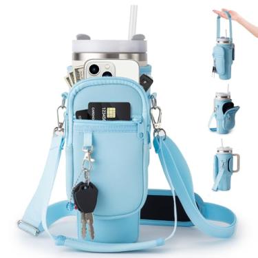Imagem de linmaya Bolsa de transporte para garrafa de água com bolso para celular Stanley Cup 100 ml, suporte térmico de neoprene para garrafa de água, bolsa transversal com ombro ajustável e alça de mão,