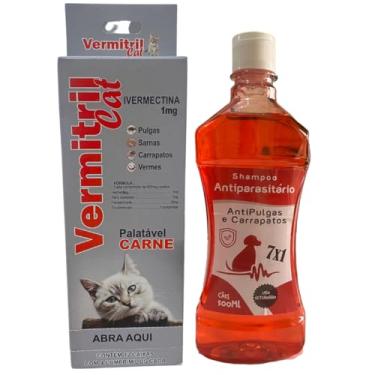 Imagem de Vermitril Gatos + Shampoo 7 em 1 - Anti Pulgas, Carrapatos, Vermes, Sarnas 48 Comprimidos mastigáveis