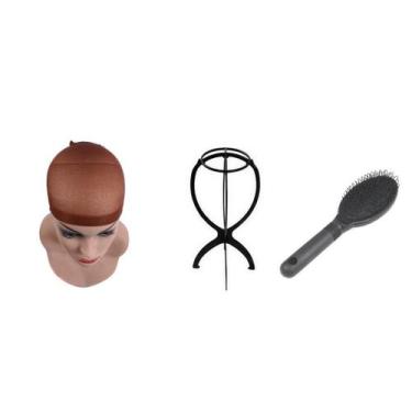 Imagem de Kit Marrom Escova + Wig Cap + Suporte Para Peruca Front Lace - C e c s