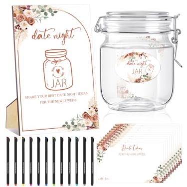 Imagem de DoubleFill 76 peças de decoração de chá de panela, incluindo jogo noturno para recém-casados, placa de jogo noturno com suporte 60 cartões, 12 canetas, 2 adesivos, pote de desejos de casamento para