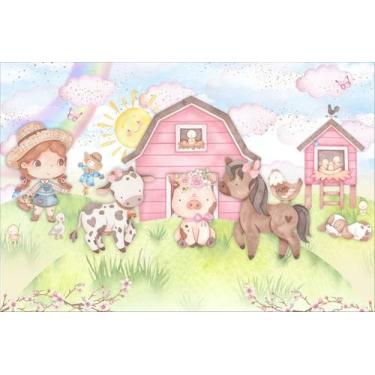 Imagem de Painel de Lona Fazendinha Fazendeira Menina Animais Aquarela - Fabrika