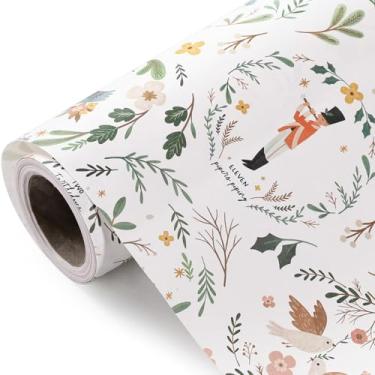 Imagem de WRAPAHOLIC Papel de embrulho de Natal Kraft – Mini rolo – 43 cm x 80 m – Linda menina e menino com design floral e folhas para o Natal, feriado, festa celebração
