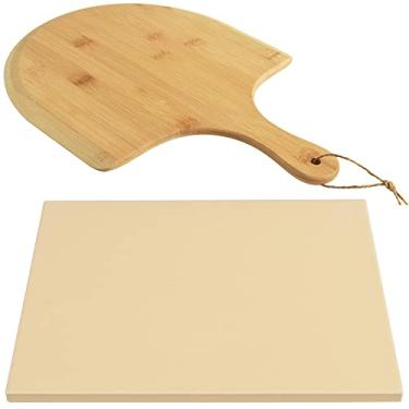 Imagem de homEdge Conjunto de Pedra de Pizza, Pedra de Cozimento de Cordierita Redonda Resistente para Pão, Pizza, Pedra de Cozimento com Pá de Casca de Pizza de Bambu para Forno e Churrasqueira-15 "X12"