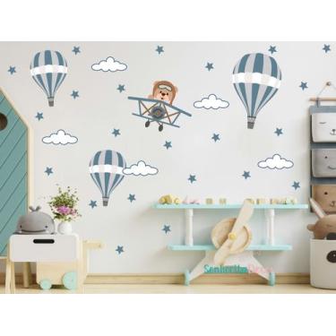 Imagem de Adesivo De Parede Balão Urso Aviador Nuvem Estrela Capacete - SENHORIT