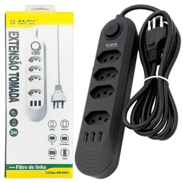 Imagem de Filtro De Linha Extensão Elétrica Régua 4 Tomadas 3 Usb 2m - Bmax, Pre