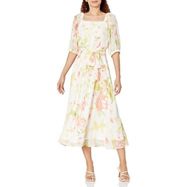 Imagem de Anne Klein Vestido feminino midi gola quadrada Cara, Inverno branco multi/preto, 1X