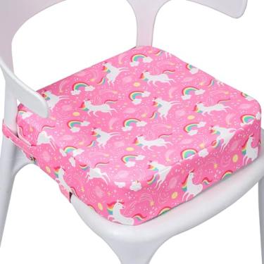 Imagem de E1F1NN DOT Assento elevatório infantil para mesa de jantar, cadeira de cozinha, assento infantil portátil com fivelas de segurança, almofada alta para viagens com fundo antiderrapante (unicórnio rosa)
