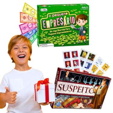 Imagem de Kit jogos de tabuleiro suspeito resolva todos os mistérios jogos de detetive + jogo pequeno empresario presente natal menino menina dia das criança brinquedos infantis educativos pedagógico recreativo