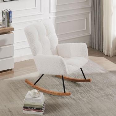 Imagem de SPOFLYINN Cadeira de balanço moderna com apoio de braço alto design ergonômico cadeira reclinável para sala de estar quarto sala de jogos bege sem assento macio