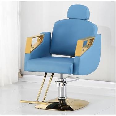 Imagem de Cadeira de barbeiro, cadeira de salão de barbeiro de couro PU com bomba hidráulica, com chassi quadrado de pedal, altura ajustável Swiveng de 360 graus, para móveis de salão, azul, B