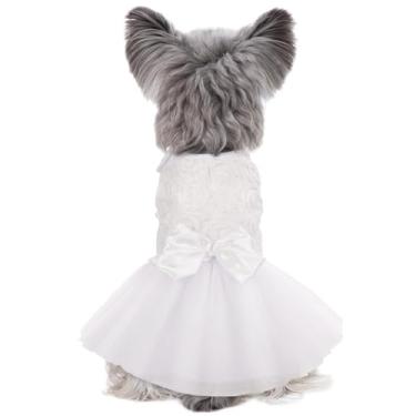 Imagem de Kuoser Vestidos de casamento para animais de estimação, adoráveis camisetas tutu para cães pequenos e médios, roupas de princesa branca com laço de pérola de renda luxuosa, fantasias retrô para