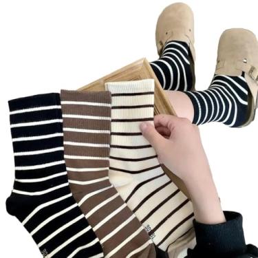 Imagem de chanstore 5 pares - Meias femininas listradas minimalistas cano alto para agasalhos, comprimento médio preto e branco, meias femininas outono e inverno - tubo médio listrado tricolor - preto