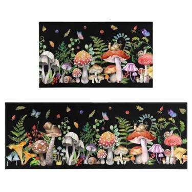 Imagem de Conjunto de 2 tapetes de cozinha de cogumelo, estilo fazenda rústico, antiderrapante, lavável, decoração de cozinha cogumelo, tapetes antifadiga para pia de cozinha, lavanderia, 43 x 76 + 43 x 118 cm