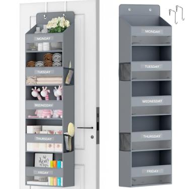 Imagem de VERONLY Organizador semanal de armário com 5 prateleiras, 4 bolsos laterais, organizador de pendurar sobre a porta com janela transparente, organizador de porta de armário resistente para banheiro,