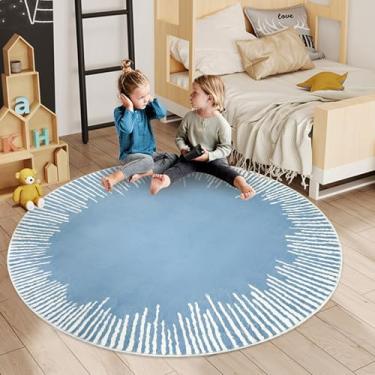 Imagem de Lacomfy Tapete abstrato moderno, 1,5 m, redondo, para quarto, para crianças, círculo, escritório, antiderrapante, para sala de estar, sol, tapete macio e lavável para decoração de casa, azul