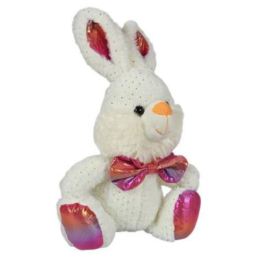 Imagem de Coelho De Pelúcia Sentado Com Laço e Brilhinho 25Cm - Branco - Tuka To