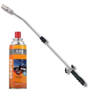 Imagem de Kit Maçarico Longo Cabo Ergonômico 80cm Acendimento Automático Ajuste de Chama Soldagem + 1 Refil Gás Cartucho