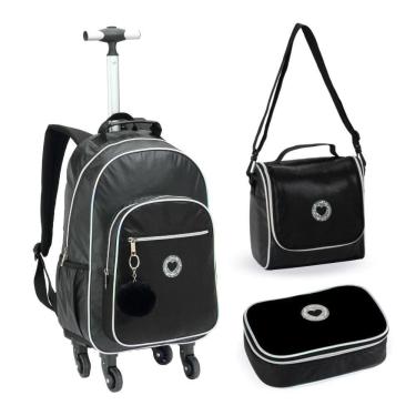 Imagem de Kit Mochila De Rodinhas + Lancheira + Estojo Just Love Denlex Preta