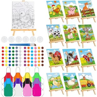 Imagem de Ireer 12 conjuntos de telas pré-desenhadas para kit de pintura para crianças, 12 telas impressas, 12 cavaletes, 36 pincéis, 12 paletas, 12 aventais para pintura de arte DIY, festa de aniversário de