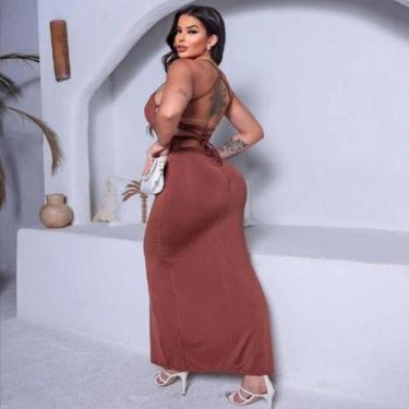 Imagem de Vestido Longo Com Fenda Abertura Lateral Costas Trançadas Amarração Tu