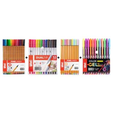 Imagem de Kit de Canetas Glizi 46 Peças, 22 Fineliners, 12 Dual Tip Brush, 12 Gel Coloridas (12C (Amarela) + 12C Brush + 10C Pastel + 12C Gel Neon)
