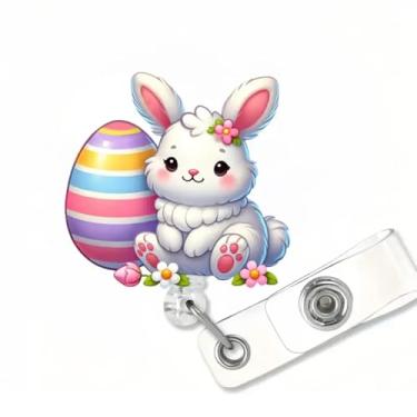 Imagem de Carretel de crachá de coelho, ovos de Páscoa, clipe retrátil para crachá de Páscoa, flor acrílica, etiqueta de nome de coelho fofo, clipe de jacaré para enfermeira, médica, trabalhadora de hospital