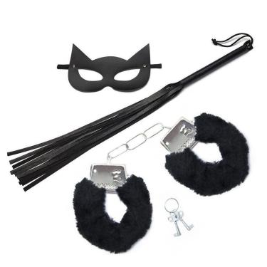 Imagem de Kit Máscara Mulher Gato, Chicotinho e Bracelete de Pelúcia
