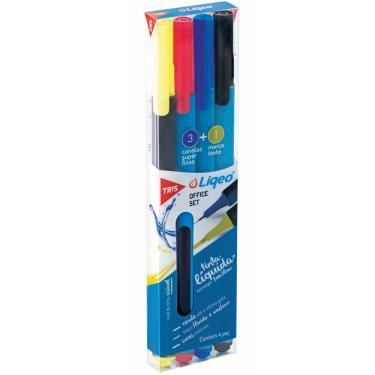 Imagem de Kit Canetas Liqeo 3 cores 0,4 mm (azul, preto, vermelho) + Marca-texto amarelo 1-2 mm