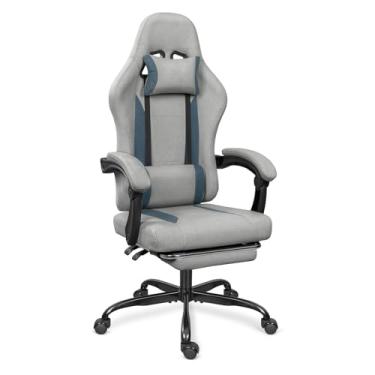 Imagem de ErgoDesign Cadeira de jogos de tecido respirável com apoio para os pés, cadeira de jogos de altura ajustável, cadeira de videogame para sala de jogos, sala de estar e escritório - cinza claro/azul