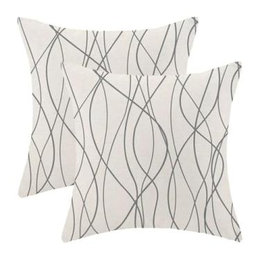 Imagem de Conjunto de 2 capas de almofada listradas cinza abstratas 45,7 x 45,7 cm, fronha decorativa abstrata moderna cinza e branca listrada para uso ao ar livre para sofá-cama, decoração de sala de estar