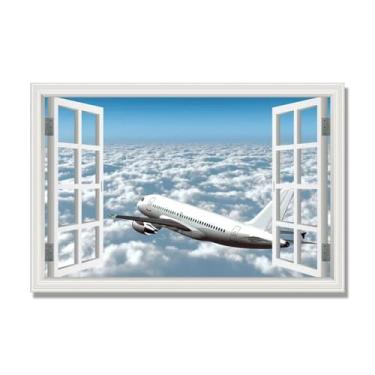 Imagem de Arte de parede em tela de janela aberta, impressão natural em tela, "Avião no céu 7.6 cm, decoração de parede de paisagem de janela, decoração de casa moderna. 30 x 45 cm-11,8 x 17,7 pol. sem moldura