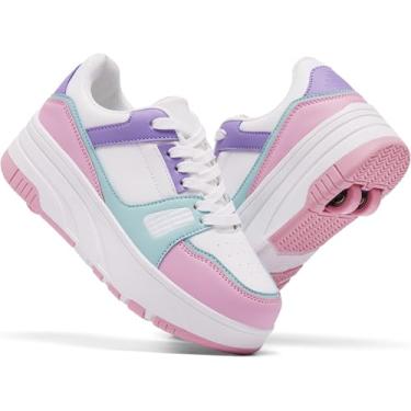 Imagem de ANEFUN Tênis moderno para meninas, meninos, crianças, patins com rodas destacáveis, frente e verso, patins duplos com rodas, Lua branca e rosa, 3 Little Kid