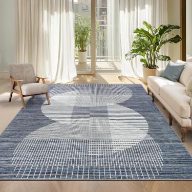 Imagem de GarveeHome Tapetes geométricos modernos para sala de estar, lavável e macio, antiderrapante, tapete azul para quarto, ultrafino, dobrável, grande, para sala de jantar, berçário, com linhas despojadas