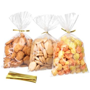 Imagem de RICEDUO Pacote com 100 sacos de guloseimas de celofane com laços torcidos – Sacos transparentes de lembrancinha de festa de 12 x 18 cm para doces, biscoitos, presentes de aniversário, chás de bebê e