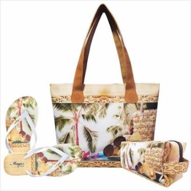 Imagem de Kit Feminino Praia Chapéu de Palha com Bolsa, Necessaire e Chinelo, Magicc-Feminino