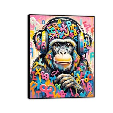 Imagem de Macaco gorila animal pintura inspiradora imagens pôsteres impressões arte macaco com fones de ouvido DJ banksy tela arte de parede para sala de estar escritório decoração de parede 50 x 40 cm (20 x 16