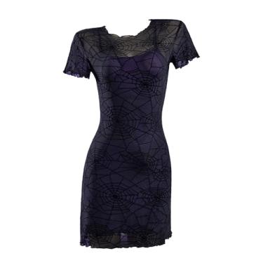 Imagem de MEOWCOS Vestido feminino colado ao corpo, estampa de teia de aranha, gótico, punk, gola alta, vestido curto com capas de braço longas