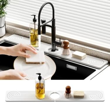 Imagem de Protetor contra respingos de pia de secagem rápida - Bandeja de secagem de pedra absorvente de água de 59,9 cm - Tapete de torneira para cozinha, banheiro e lavanderia - branco
