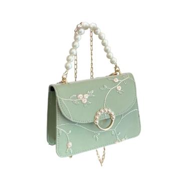 Imagem de RoseSeek Bolsa feminina floral com aba de pérola e alça superior quadrada com alça de corrente, Verde, One Size