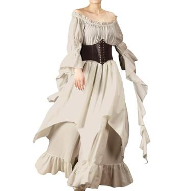 Imagem de nezababycos Vestido feminino vitoriano renascentista, fantasia gótica medieval, vestido de quimise de pirata de bruxa, vestido de manga comprida (creme, grande)