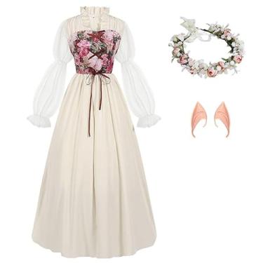 Imagem de SuitsLink Fantasia feminina renascentista medieval cosplay sobre vestido vitoriano baile de máscaras vestidos formais vestidos de convidada de casamento (bege, GG)