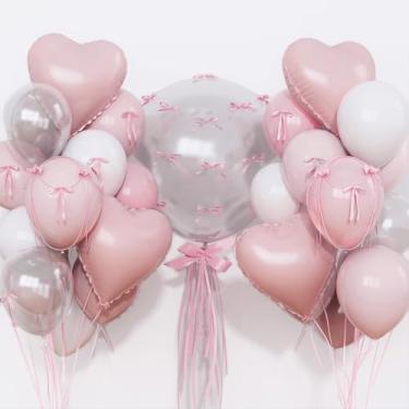 Imagem de Balões rosa pastel e brancos em forma de coração, rosa claro e branco empoeirado decorações de festa com coração transparente de 45,7 cm balão Mylar para princesas meninas apenas querem ser uma